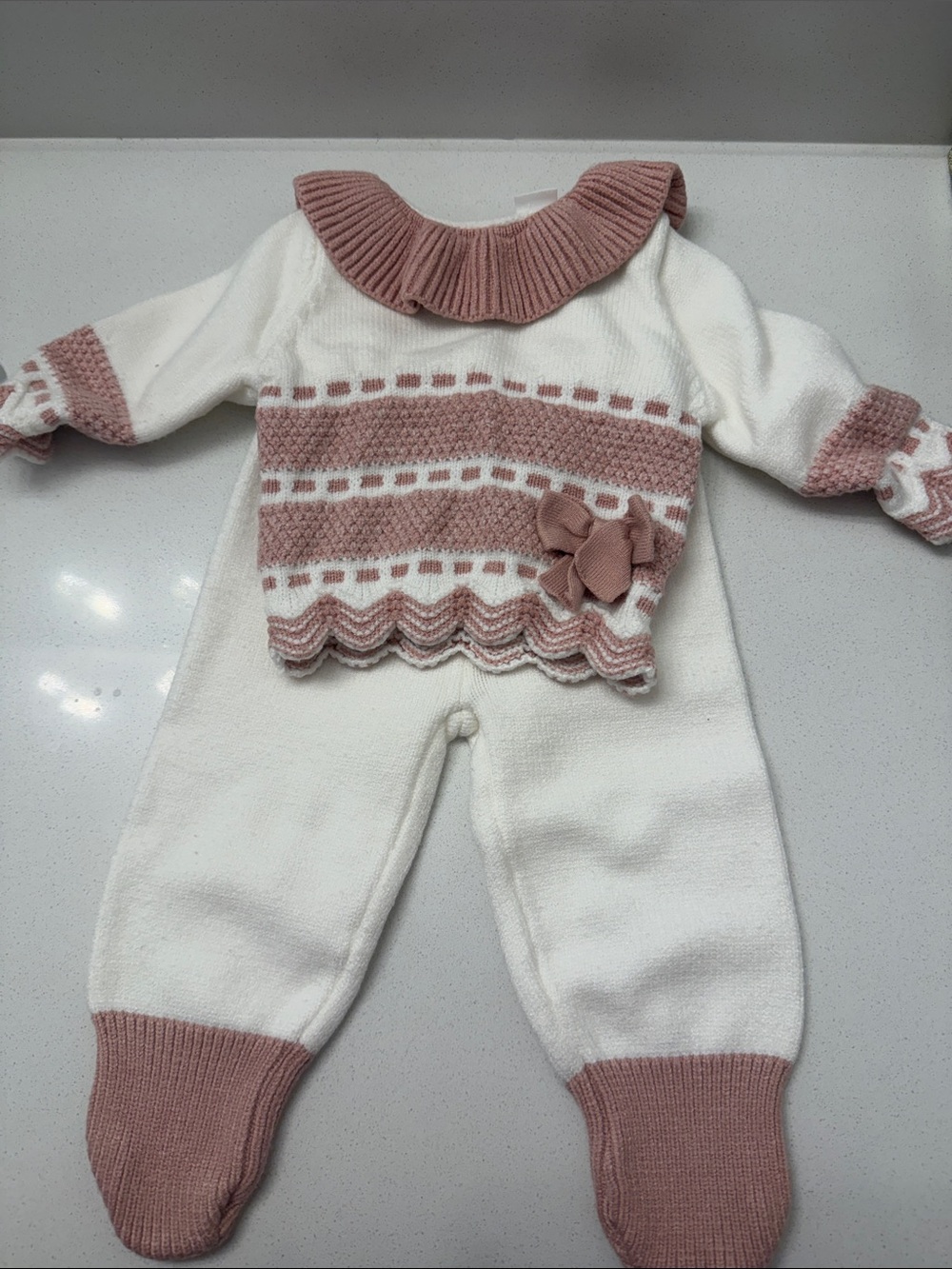 White and Dusty Pink Knit Baby Romper with Collar
